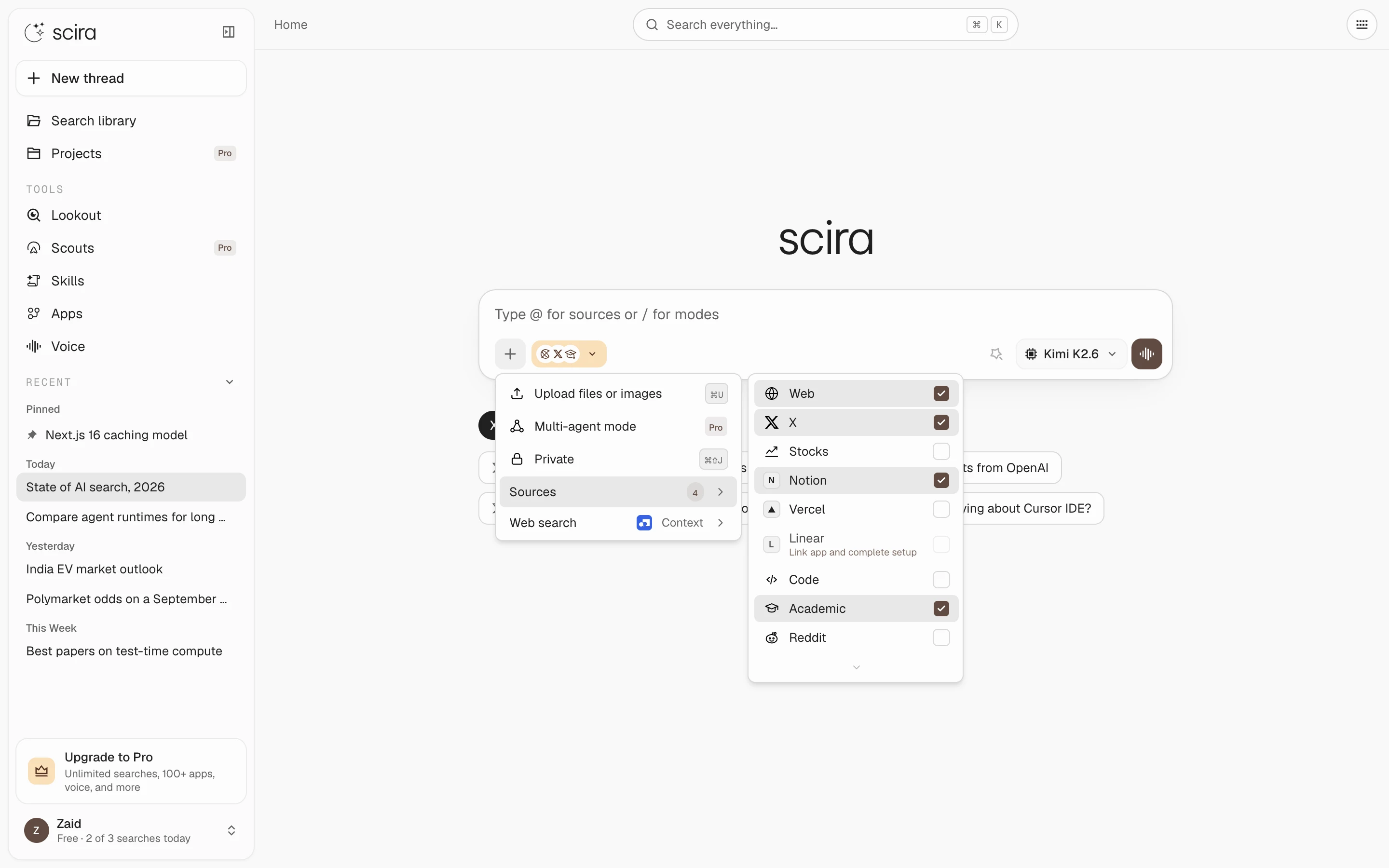 Sources checklist in the + menu, with the count on the row.