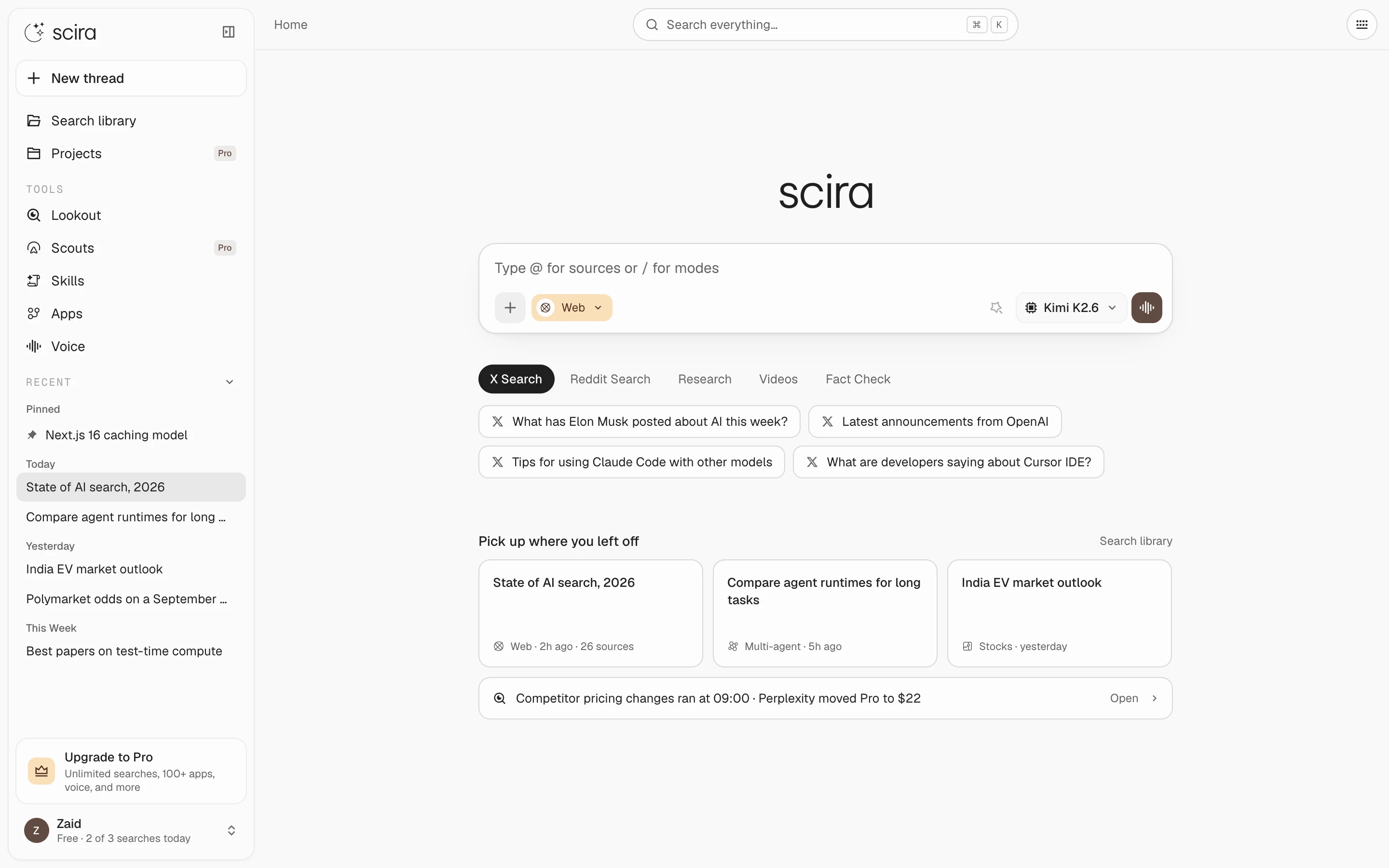 Home: sidebar, composer, suggested searches and recent threads.
