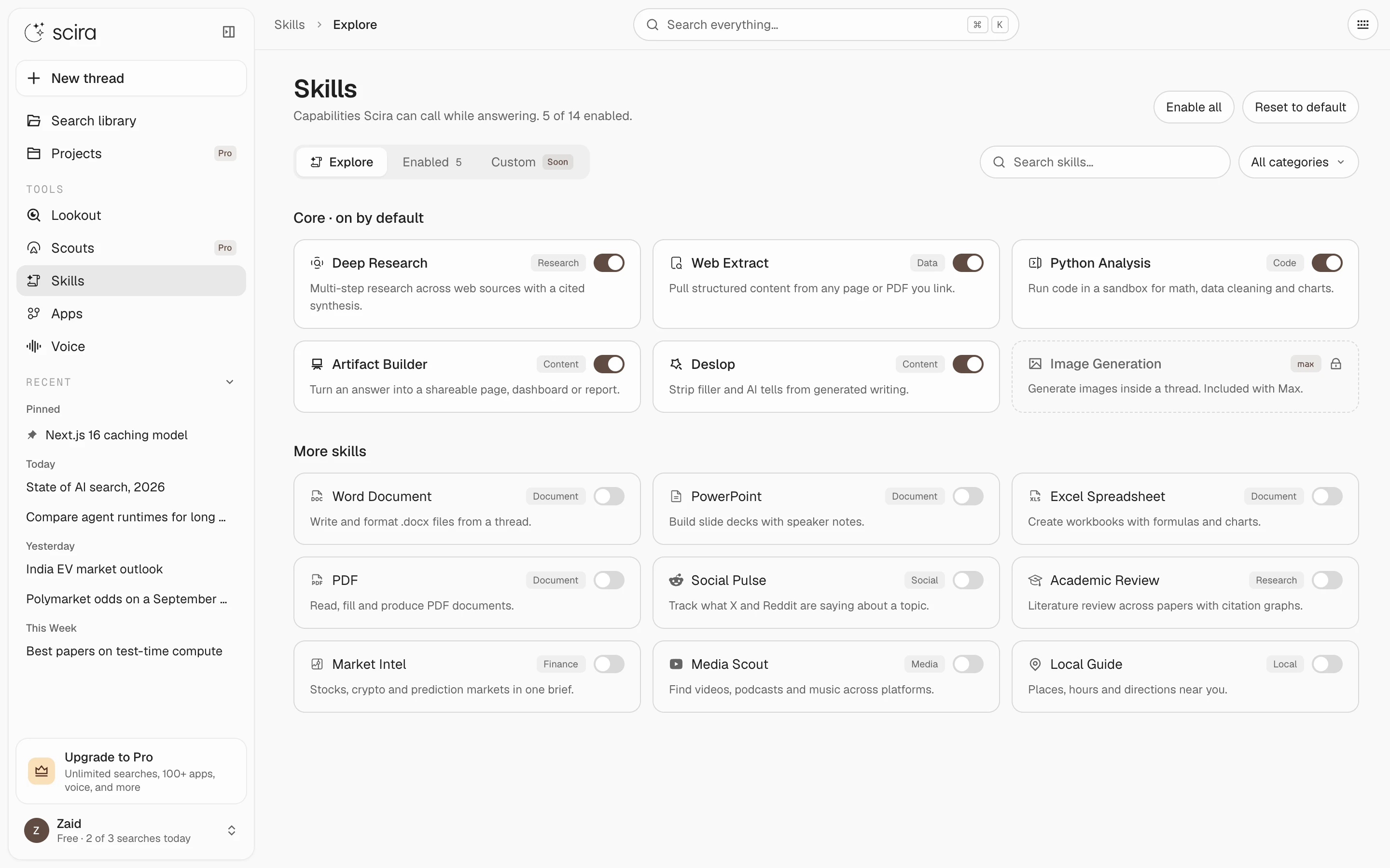 Skills page: core skills on by default, more below, each with a switch.