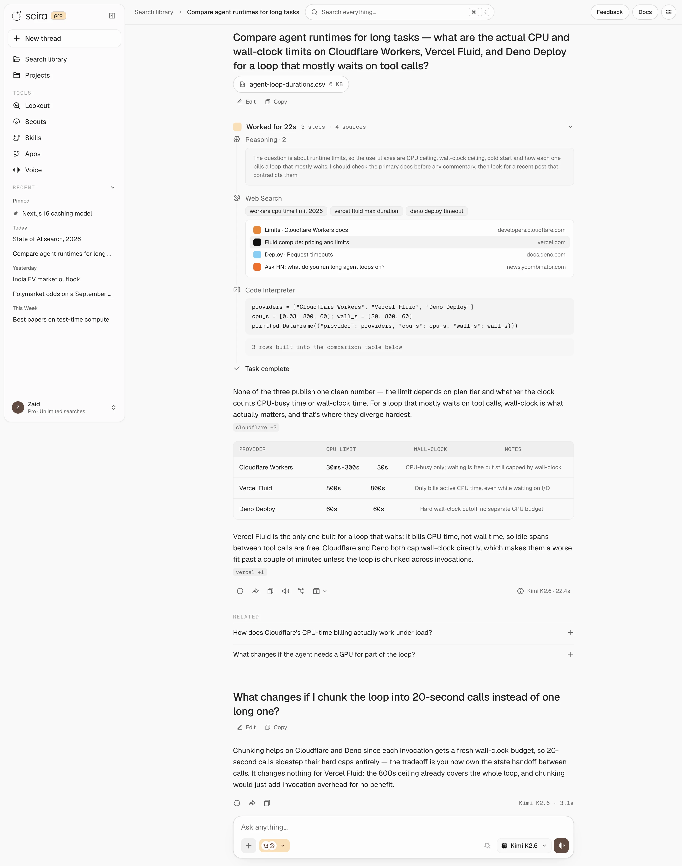 A full run: reasoning, web search, code, then the answer with inline source chips.